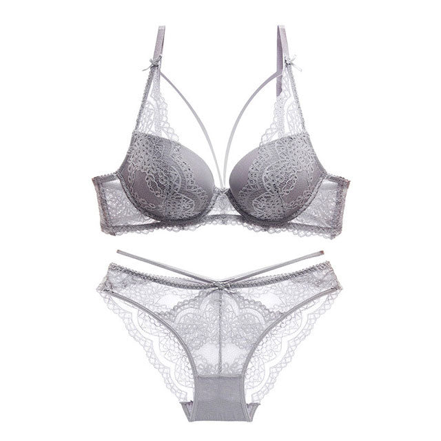 Green Push-Up Lace Bra & Panty Set with Embroidery