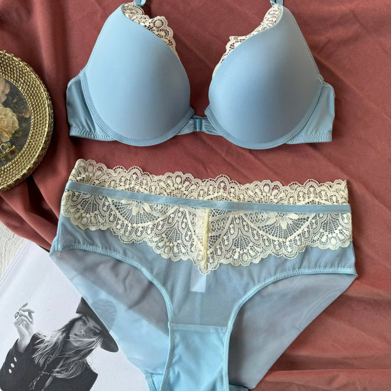 Front-Closure Backless Lace Bra Set – Gathering & Anti-Sagging