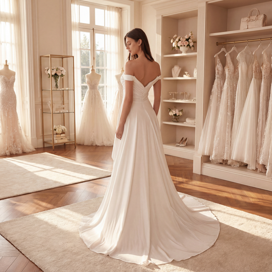 Draped Off-the-Shoulder Bridal Gown with Overskirt