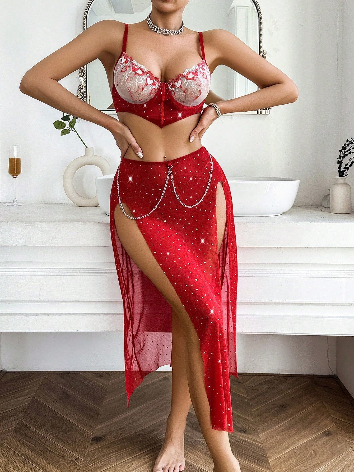 Red Embroidered Bra Set – Sexy 3-Piece Lingerie