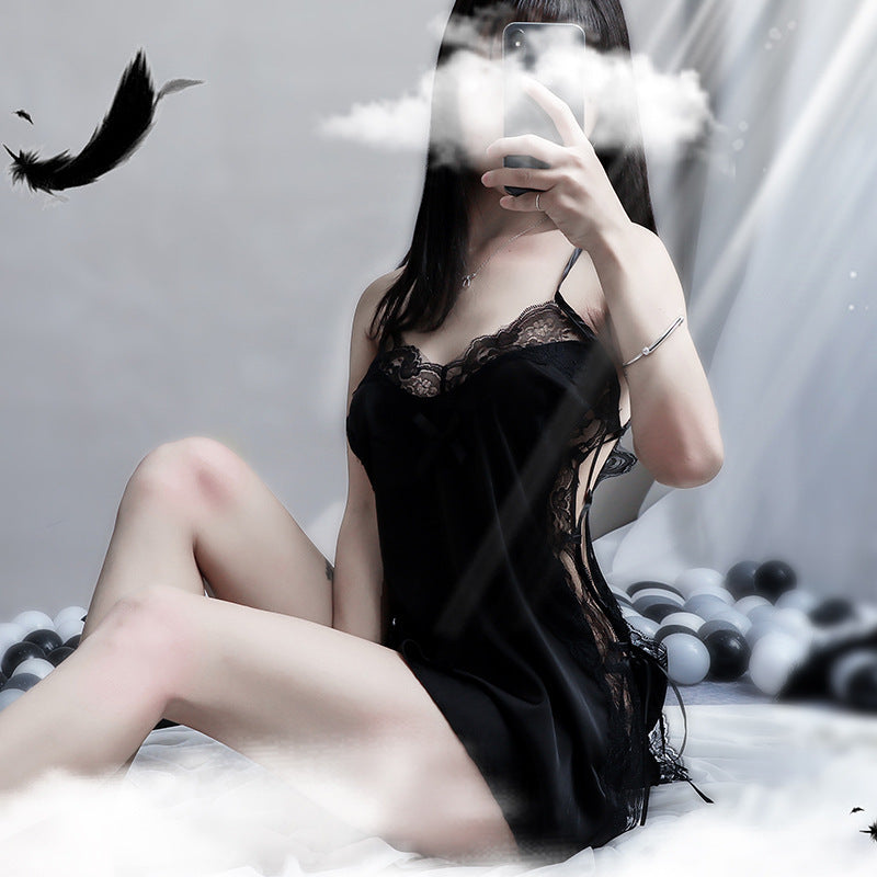 Sexy Sling Lace Nightwear for Women – Side Slit Satin Lingerie Gown