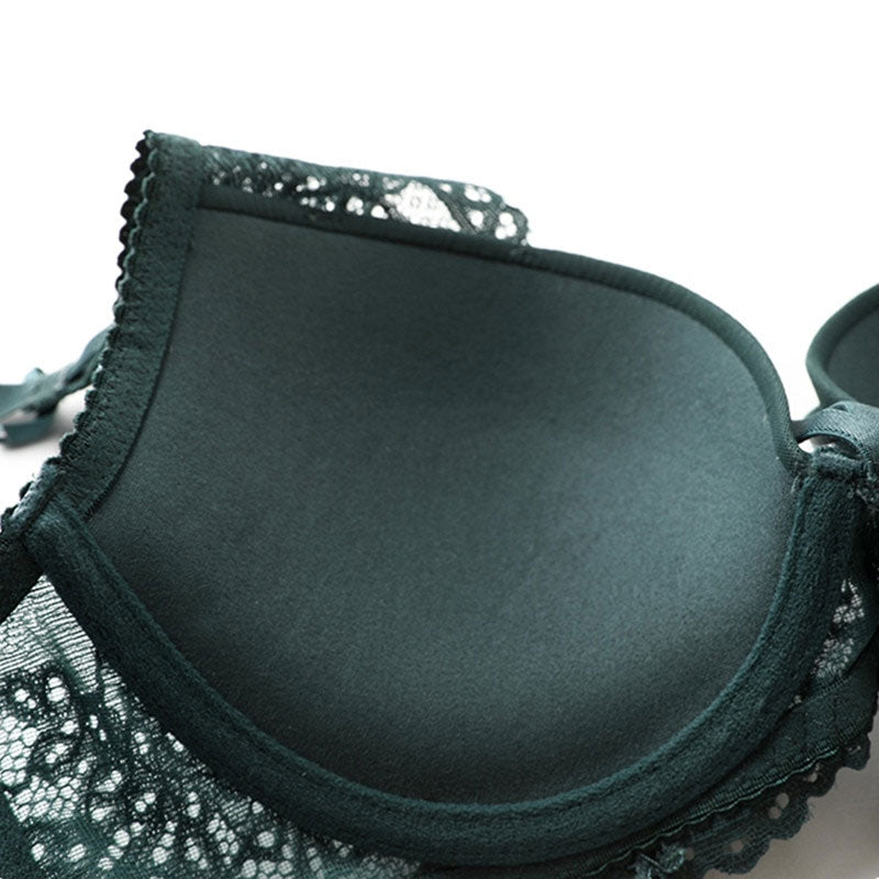 Green Push-Up Lace Bra & Panty Set with Embroidery