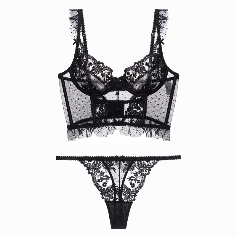 French Sheer Lace Bra Set – Sexy Gathered Back Lingerie