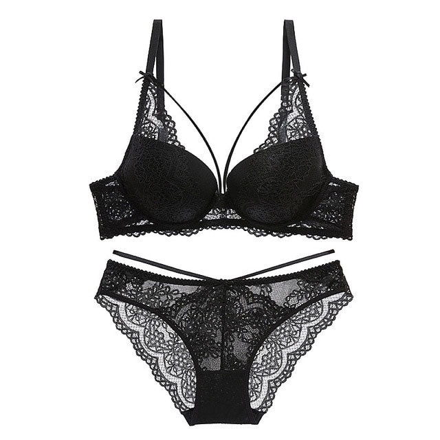 Green Push-Up Lace Bra & Panty Set with Embroidery