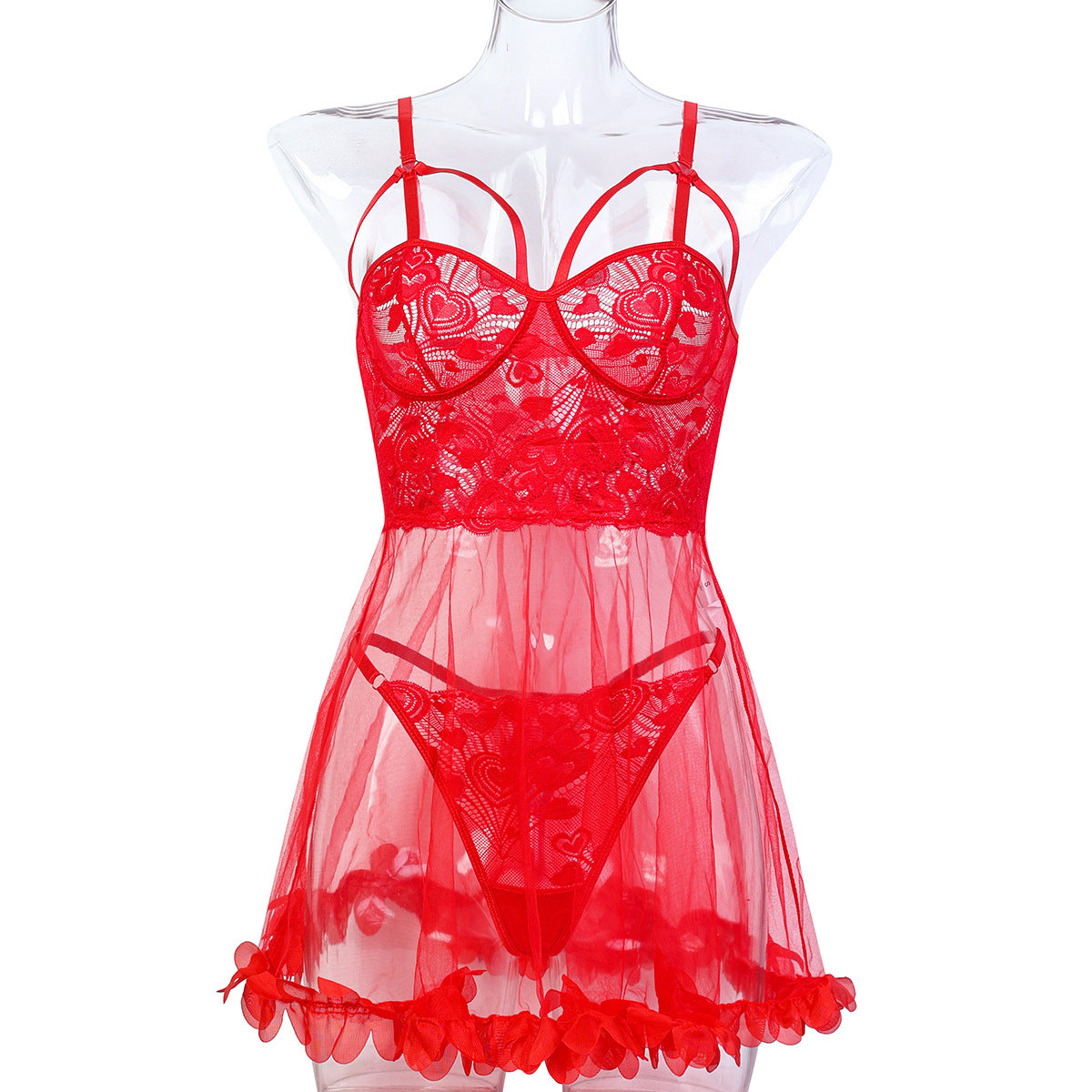 Valentine’s Day Red Lace Lingerie Set – Strapless Mesh Two-Piece