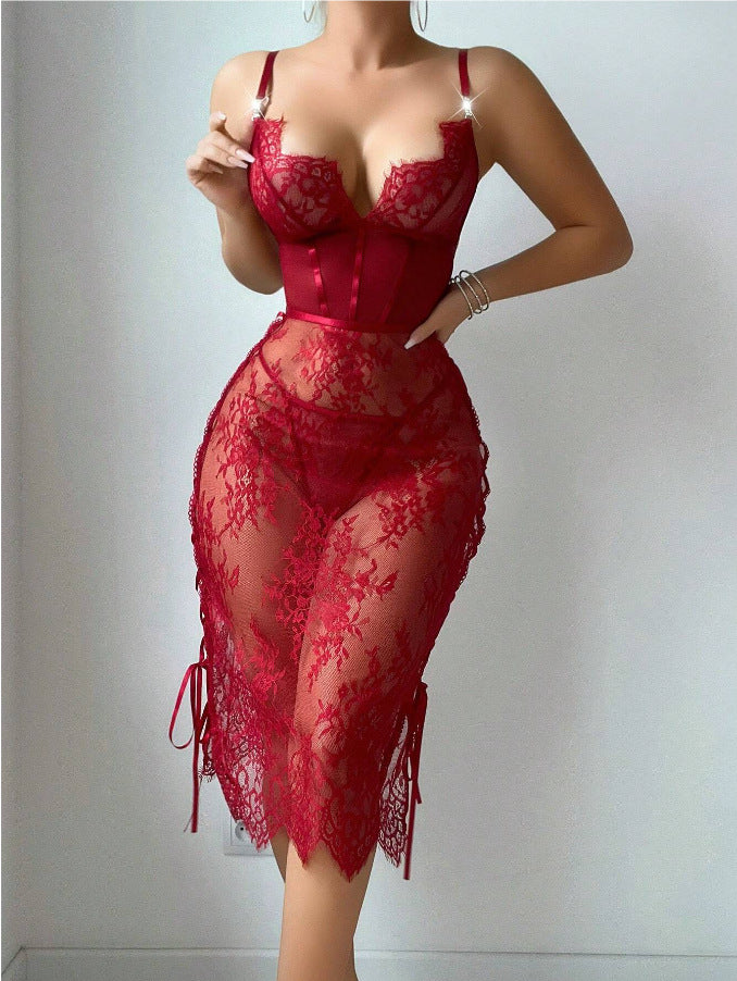 Red Lace Hollow-Out Bodycon Lingerie Dress
