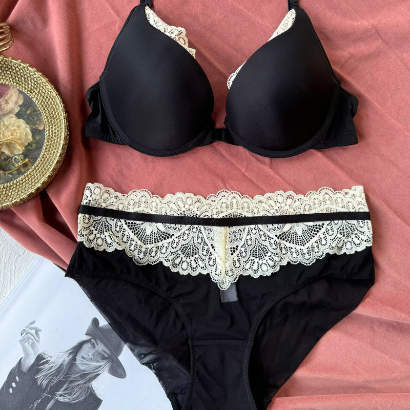 Front-Closure Backless Lace Bra Set – Gathering & Anti-Sagging