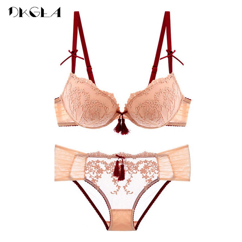 Palace Tassel Push-Up Lace Bra Set – Thick Cotton Lingerie