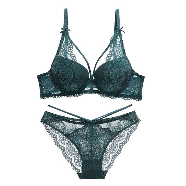 Green Push-Up Lace Bra & Panty Set with Embroidery
