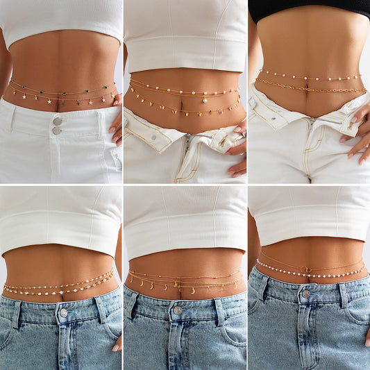Stacked Star & Moon Tassel Waist Chain – Sexy Pearl Body Jewelry