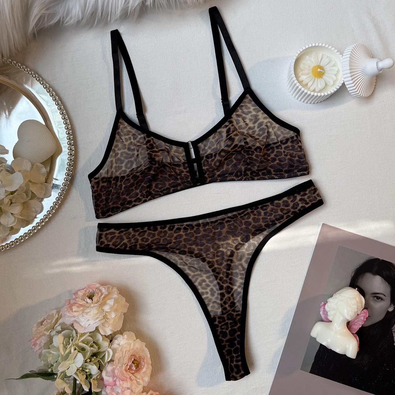 Leopard Print Ultra-Thin Mesh Bra Set – Sexy French Lingerie