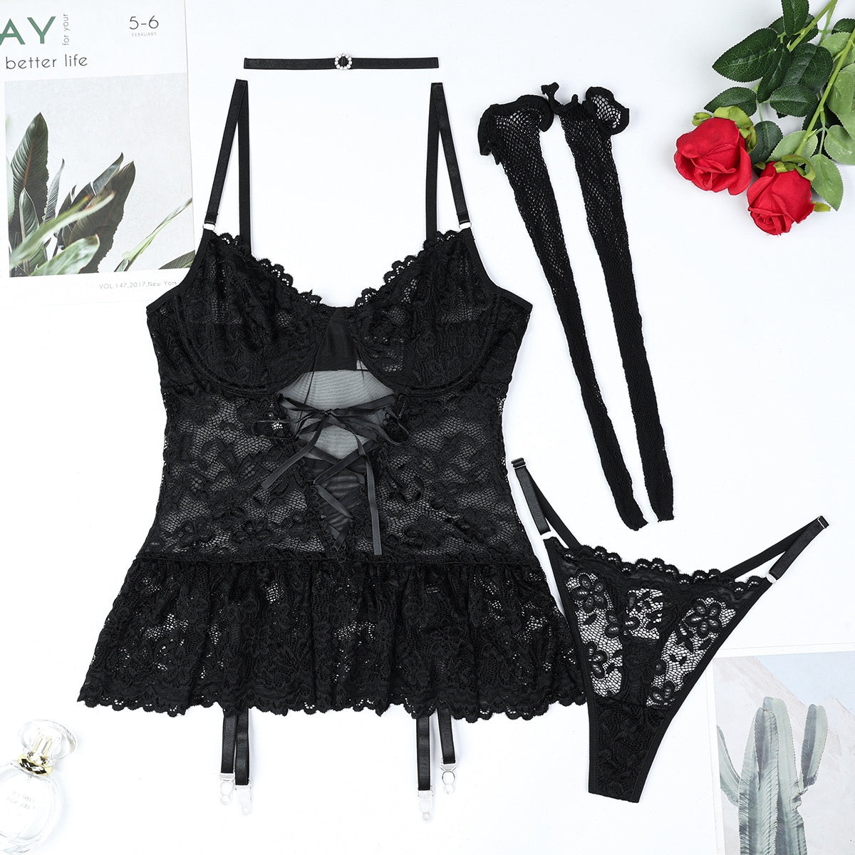 Black Lace Suspender Dress Set – Sexy Lingerie with Crystal Choker