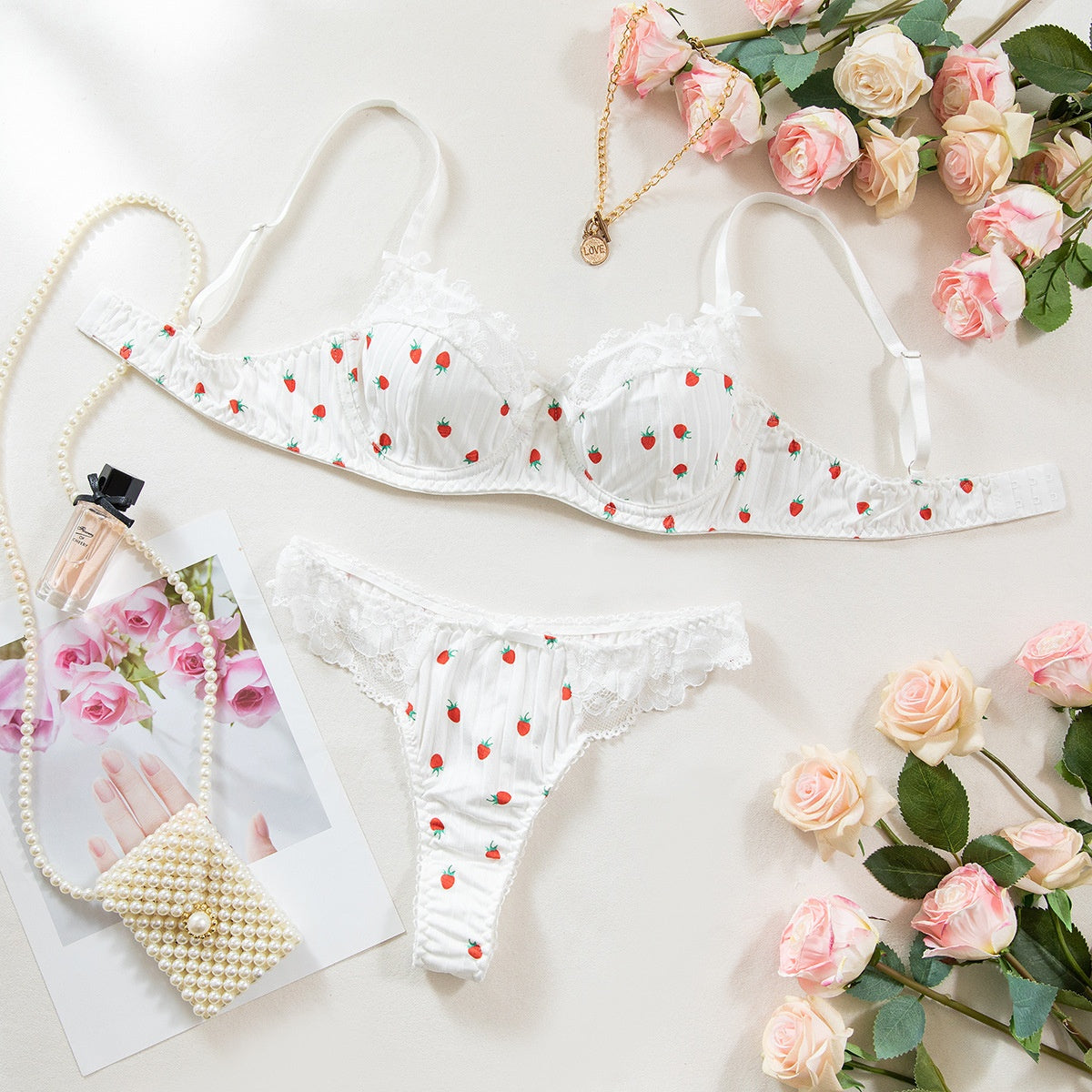 Printed Lace Push-Up Bra Set with Steel Ring & Bow