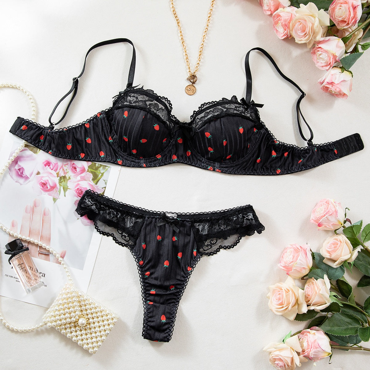 Printed Lace Push-Up Bra Set with Steel Ring & Bow