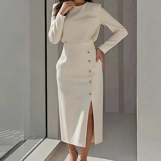 Elegant Solid Color Long Dress – Women’s Round Neck Maxi