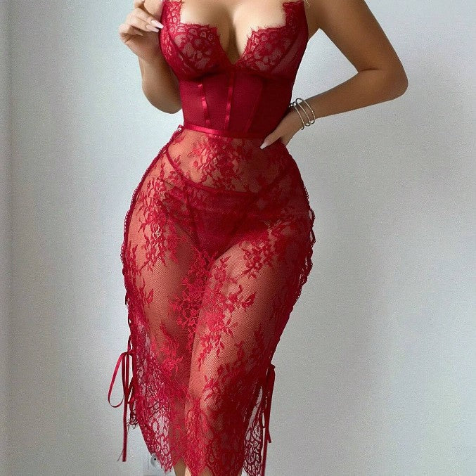 Red Lace Hollow-Out Bodycon Lingerie Dress