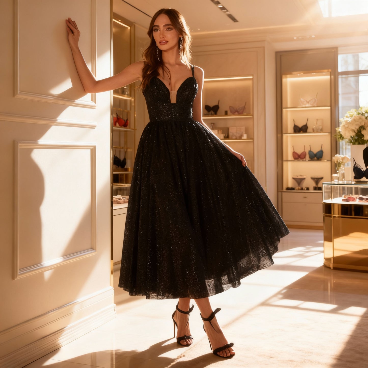 Elegant Glitter Flocked Tea-Length Party Dress