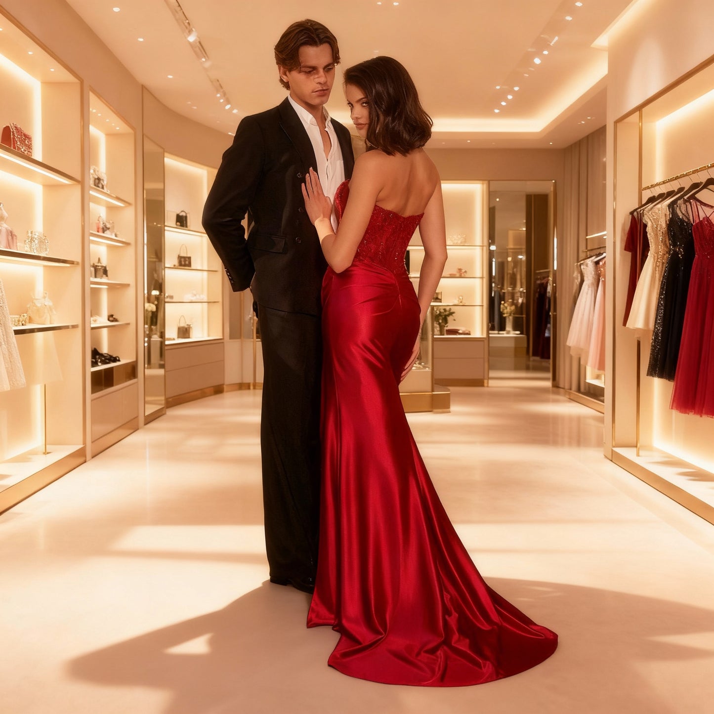 Elegant Strapless Fitted Satin & Lace Party Gown