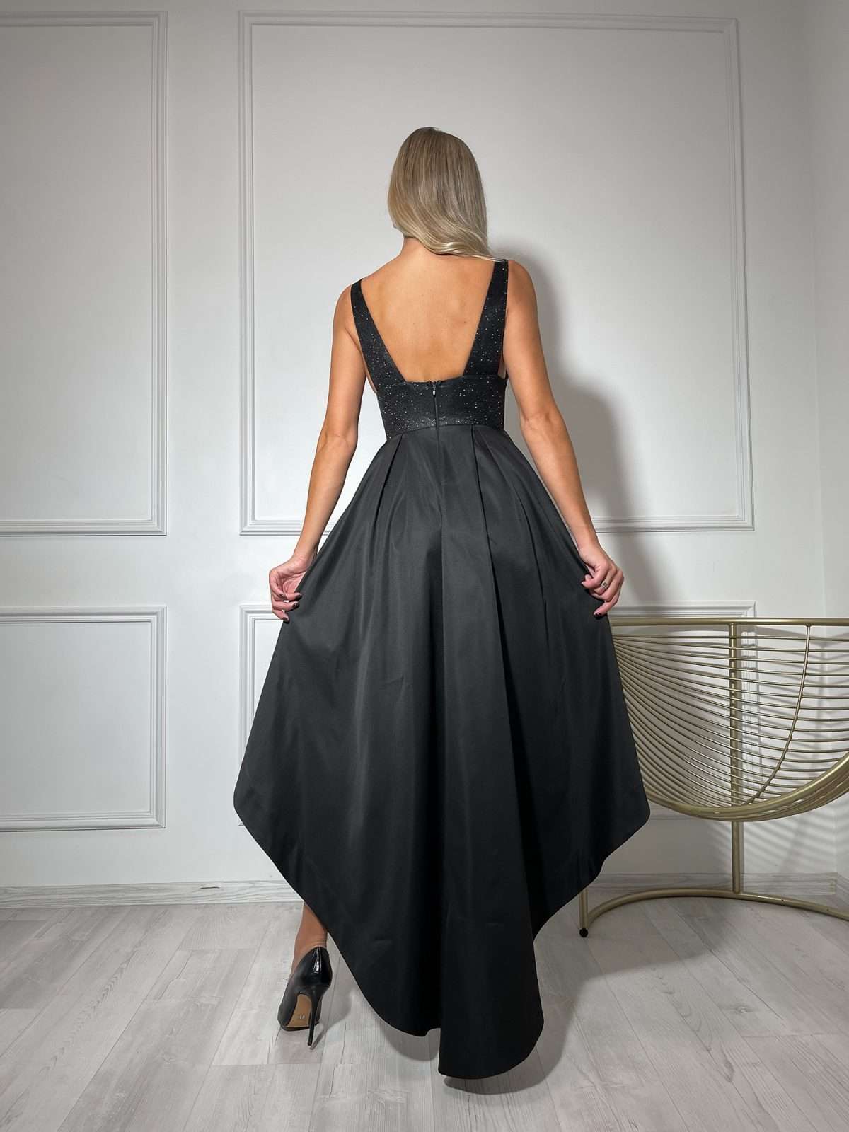 Glitter Deep-Neck Black Formal Dress