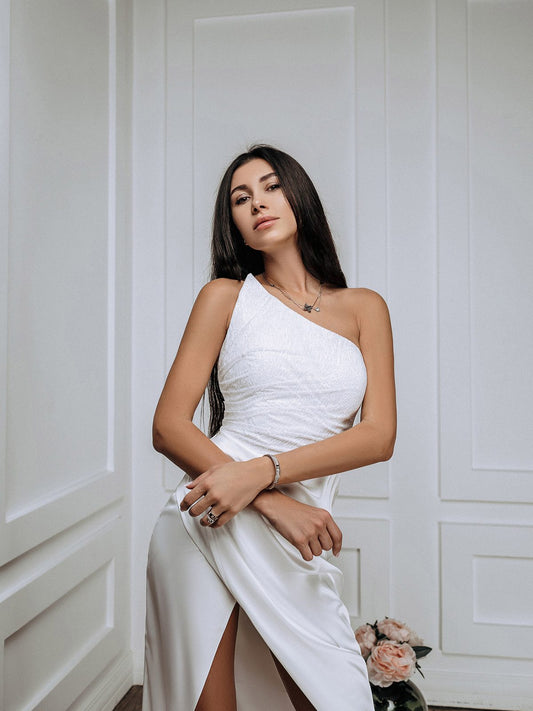 asymmetrical white dress with wrap skirt