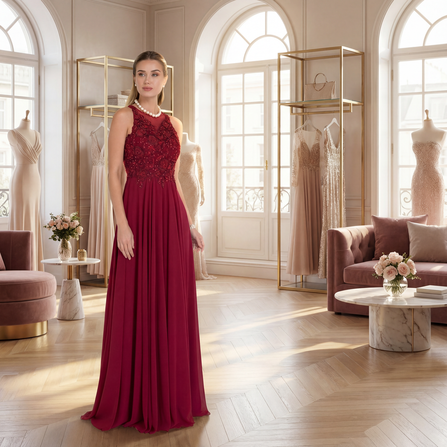 Embellished Chiffon A-Line Maxi Dress