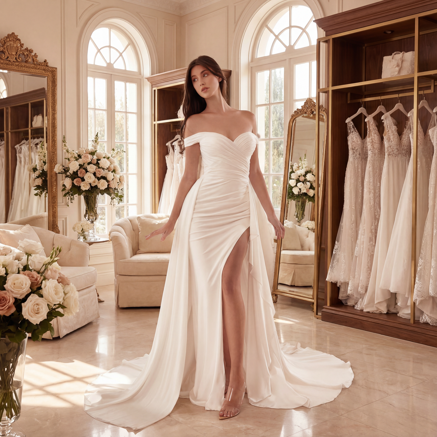 Draped Off-the-Shoulder Bridal Gown with Overskirt