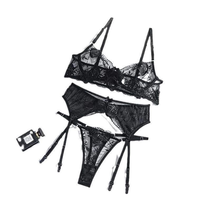 Embroidered Mesh Bra & Panty Garter Set – Sexy Lingerie