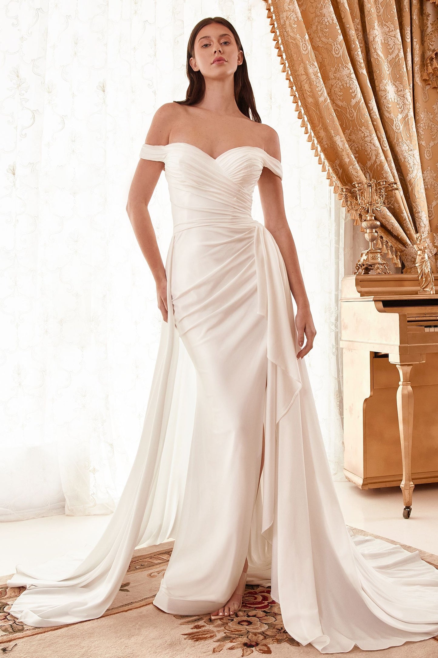 Draped Off-the-Shoulder Bridal Gown with Overskirt