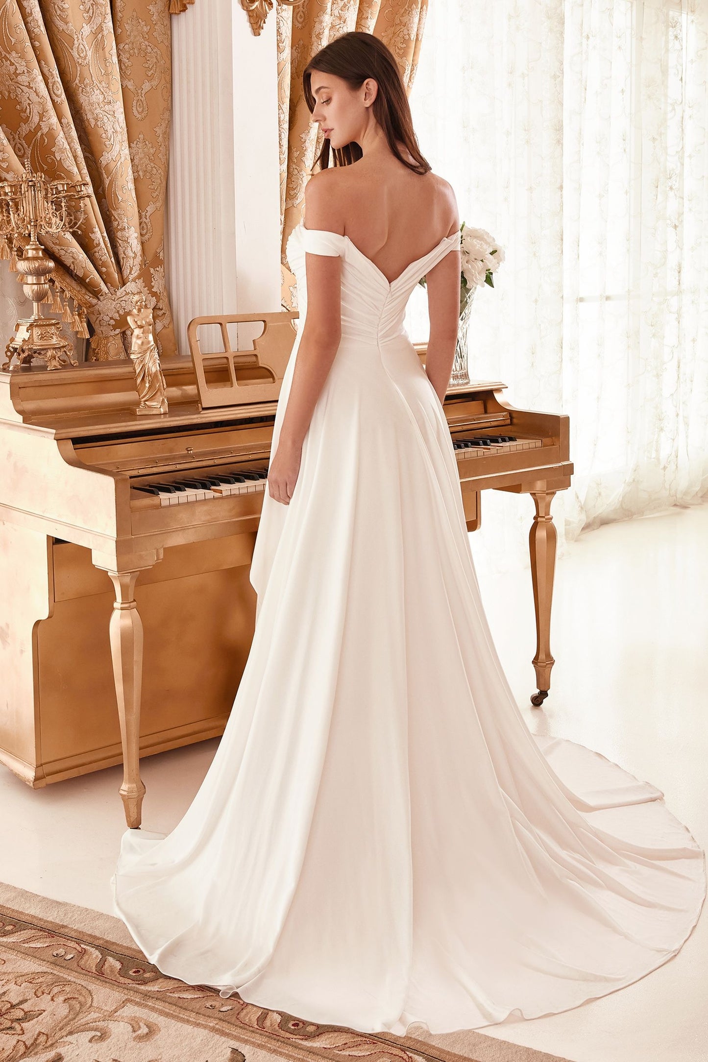 Draped Off-the-Shoulder Bridal Gown with Overskirt